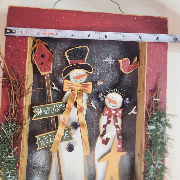 Snowman and Snowwoman Couple in Wood Frame Snowflakes Welcome - Picture 6 of 6